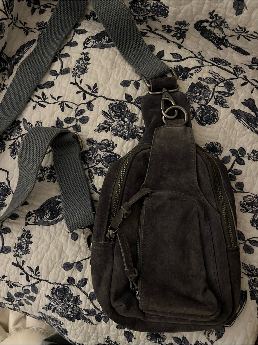 Free People Charcoal Gray Suede Crossbody Sling Bag